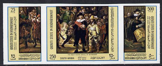 Aden - Qu'aiti 1967 Paintings by Rembrandt imperf strip of 3 unmounted mint (Mi 165-67B), stamps on , stamps on  stamps on arts, stamps on rembrandt, stamps on  stamps on renaissance