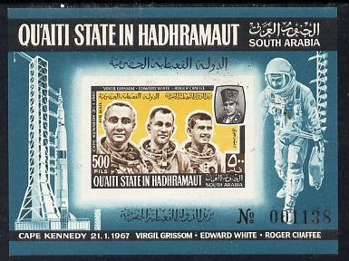 Aden - Qu'aiti 1967 US Astronauts imperf miniature sheet (Mi BL 16B) unmounted mint, stamps on , stamps on  stamps on personalities  space