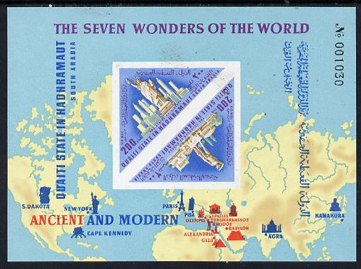 Aden - Qu'aiti 1967 Wonders of the World (Map, Statue of Liberty) imperf miniature sheet (Mi BL 23B) unmounted mint, stamps on , stamps on  stamps on maps       heritage      americana, stamps on ancient greece, stamps on  stamps on kennedy