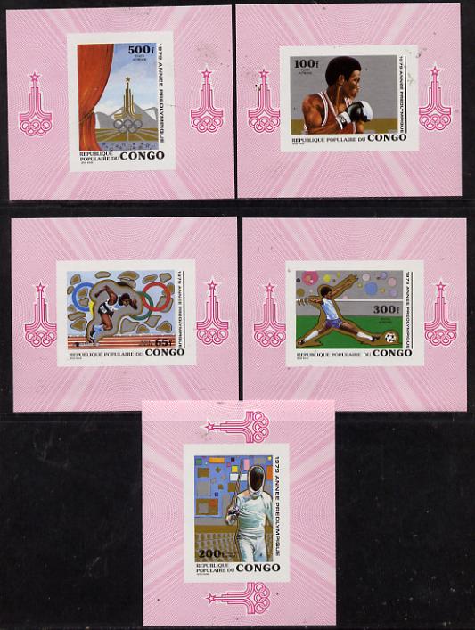 Congo 1979 Olympics set of 5 imperf deluxe miniature sheets (Boxing, Fencing, Running, Football) unmounted mint, stamps on , stamps on  stamps on sport   olympics    boxing   fencing   football   running