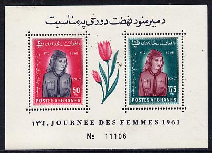 Afghanistan 1961 Womens Day (Tulip & Girl Guide) perf m/sheet, stamps on flowers    scouts     women