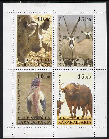 Karakalpakia Republic 1996 Animals #1 perf sheetlet containing 4 values unmounted mint, stamps on animals, stamps on rhino, stamps on bovine, stamps on oryx, stamps on stork, stamps on buffalo