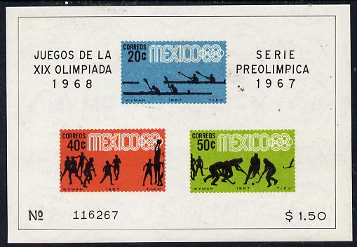 Mexico 1967 Olympic Games (3rd Issue - Postage) imperf m/sheet showing Canoeing, Basketball & Hockey unmounted mint, SG MS 1145a, stamps on , stamps on  stamps on sport   olympics    canoeing   basketball   field hockey