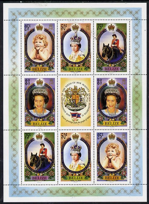 Belize 1986 60th Birthday of Queen Elizabeth II perf sheetlet containing 2 sets of 4 plus label unmounted mint SG 905-8, stamps on , stamps on  stamps on royalty, stamps on  stamps on horses