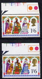 Great Britain 1969 Christmas 1s6d unmounted mint with new blue (Kings robe) omitted plus normal SG 814e, stamps on christmas