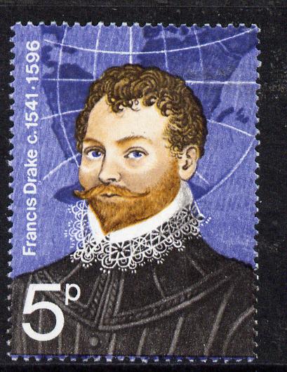Great Britain 1973 British Explorers 5d (Sir Francis Drake) unmounted mint with gold (Queens Head) omitted SG 925a, stamps on explorers      personalities     maps     bowls     drake