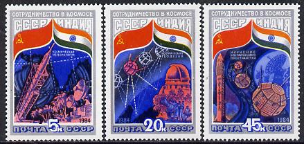 Russia 1984 Soviet-Indian Space Co-operation set of 3 unmounted mint, SG 5424-26, Mi 5371-73*, stamps on space, stamps on flags