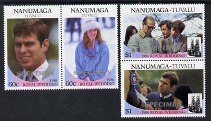 Tuvalu - Nanumaga 1986 Royal Wedding (Andrew & Fergie) set of 4 (2 se-tenant pairs) overprinted SPECIMEN in silver unmounted mint, stamps on royalty, stamps on andrew, stamps on fergie, stamps on 