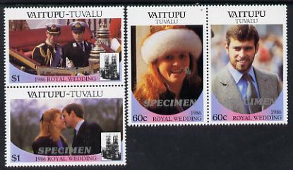 Tuvalu - Vaitupu 1986 Royal Wedding (Andrew & Fergie) set of 4 (2 se-tenant pairs) overprinted SPECIMEN in silver unmounted mint, stamps on , stamps on  stamps on royalty, stamps on  stamps on andrew, stamps on  stamps on fergie, stamps on  stamps on 