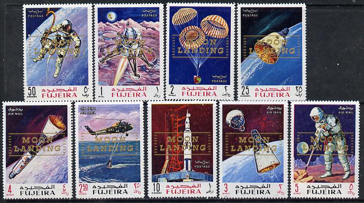 Fujeira 1969 Apollo Space Flights perf set of 9 with Moon Landing opt, Mi A399-407A unmounted mint, stamps on space