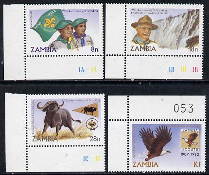 Zambia 1982 75th Anniversary of Scouting set of 4 unmounted mint, SG 365-68*, stamps on scouts      waterfalls      eagle     birds of prey     buffalo    bovine