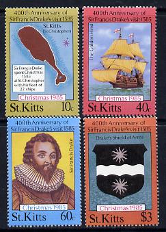 St Kitts 1985 Christmas (Sir Francis Drake) set of 4 unmounted mint, SG 181-84, stamps on , stamps on  stamps on christmas, stamps on explorers, stamps on maps, stamps on personalities, stamps on ships, stamps on bowls, stamps on drake