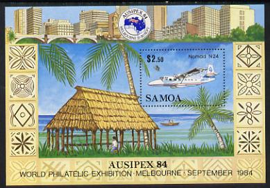 Samoa 1984 'Ausipex' Stamp Exhibition m/sheet unmounted mint, SG MS 683, stamps on , stamps on  stamps on postal, stamps on  stamps on aviation, stamps on  stamps on seaplane, stamps on  stamps on stamp exhibitions, stamps on  stamps on       bridges