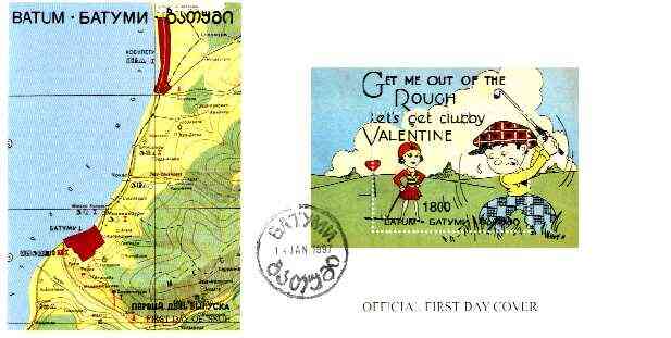 Batum 1997 Valentines Couple playing Golf perf s/sheet on illustrated first day cover, stamps on , stamps on  stamps on golf    heart     cartoon