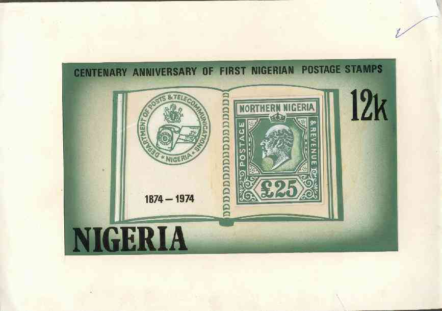 Nigeria 1974 Stamp Centenary - original hand-painted artwork for 12k value (showing £25 stamp of Northern Nigeria) by NSP&MCo Staff Artist Samuel Eluare on card 8.5 x 5, as issued stamp except value and Country are in green, stamps on , stamps on  stamps on stamp on stamp, stamps on postal, stamps on  stamps on stamponstamp