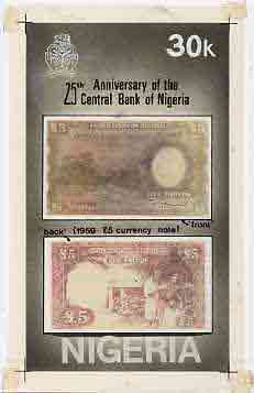 Nigeria 1984 25th Anniversary of Central Bank - original hand-painted composite artwork for 30k value (showing back & front of 1959 £5 note) by Clement O Ogbebor (?) on ..., stamps on banking    finance