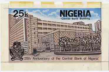 Nigeria 1984 25th Anniversary of Central Bank - original hand-painted artwork for 25k value (showing Central Bank) by NSP&MCo Staff Artist Samuel Eluare on card 5 x 8.5 e..., stamps on banking    finance