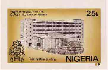 Nigeria 1984 25th Anniversary of Central Bank - original hand-painted artwork for 25k value (showing Central Bank) by NSP&MCo Staff Artist Olukoya Ogunfowora on card 5 x ..., stamps on banking    finance