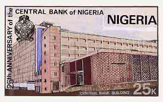Nigeria 1984 25th Anniversary of Central Bank - original hand-painted artwork for 25k value (showing Central Bank) by unknown artist on card 5 x 8.5 , stamps on banking    finance