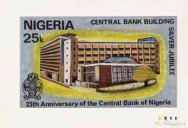 Nigeria 1984 25th Anniversary of Central Bank - original hand-painted artwork for 25k value (showing Central Bank) by unknown artist on card 5 x 8.5 endorsed B3, stamps on banking    finance