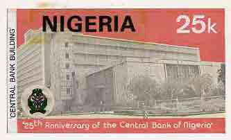 Nigeria 1984 25th Anniversary of Central Bank - original hand-painted composite artwork for 25k value (showing Central Bank) by unknown artist on card 5 x 8.5 , stamps on banking    finance