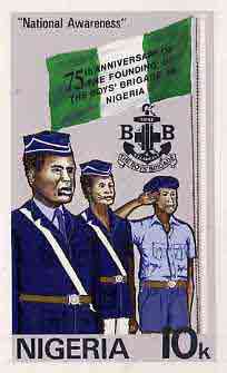 Nigeria 1983 Boys Brigade 75th Anniversary - original hand-painted artwork for 10k value (On Parade with Flag) by NSP&MCo Staff Artist Olukoya Ogunfowora on card 5 x 8.5 ..., stamps on scouts    youth    flag