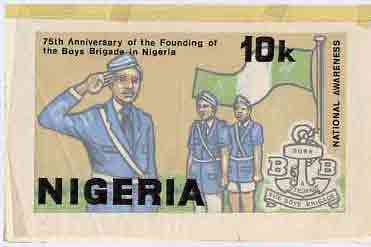 Nigeria 1983 Boys Brigade 75th Anniversary - original hand-painted artwork for 10k value (On Parade with Flag) by Godrick N Osuji on card 8.5x 5 endorsed A3, stamps on scouts    youth    flag