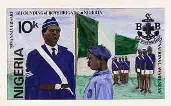 Nigeria 1983 Boys Brigade 75th Anniversary - original hand-painted artwork for 10k value (On Parade with Flag) by unknown artist on card 8.5 x 5 endorsed A5, stamps on scouts    youth    flag