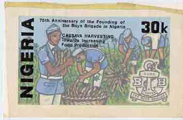 Nigeria 1983 Boys Brigade 75th Anniversary - original hand-painted artwork for 30k value (Harvesting Cassava) by Godrick N Osuji on card 8.5 x 5 endorsed B3, stamps on scouts    youth     food
