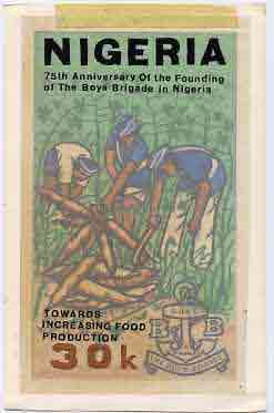 Nigeria 1983 Boys Brigade 75th Anniversary - original hand-painted artwork for 30k value (Harvesting Cassava) by Godrick N Osuji on card 5 x 8.5 , stamps on , stamps on  stamps on scouts    youth     food