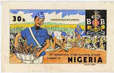 Nigeria 1983 Boys Brigade 75th Anniversary - original hand-painted artwork for 30k value (Harvesting Cassava) by Francis Nwaije Isibor on card 8.5 x 5 endorsed B1, stamps on scouts    youth     food