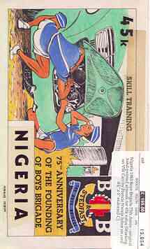 Nigeria 1983 Boys Brigade 75th Anniversary - original hand-painted artwork for 45k value (Working on VW Car) by Francis Nwaije Isibor on card 8.5 x 5 endorsed C1, stamps on scouts    youth     cars, stamps on  vw , stamps on 