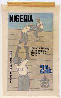 Nigeria 1983 National Youth Service Corps 10th Anniversary - original hand-painted artwork for 25k value (On Assault Course) by Godrick N Osuji on card 5 x 8.5 endorsed B..., stamps on scouts    youth