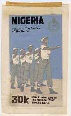 Nigeria 1983 National Youth Service Corps 10th Anniversary - original hand-painted artwork for 30k value (On Parade) by Godrick N Osuji on card 5 x 8.5 endorsed C2, stamps on , stamps on  stamps on scouts    youth    
