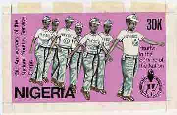 Nigeria 1983 National Youth Service Corps 10th Anniversary - original hand-painted artwork for 30k value (On Parade) by NSP&MCo Staff Artist Samuel A M Eluare on card 8.5 x 5 endorsed C6, stamps on , stamps on  stamps on scouts    youth    
