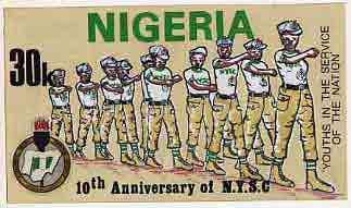 Nigeria 1983 National Youth Service Corps 10th Anniversary - original hand-painted artwork for 30k value (On Parade) by unknown artist on board 8.5 x 5 endorsed C1, stamps on , stamps on  stamps on scouts    youth    