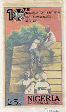 Nigeria 1983 National Youth Service Corps 10th Anniversary - original hand-painted artwork for 25k value (On Assault Course) by S O Nwasike on board 5 x 8.5 , stamps on , stamps on  stamps on scouts    youth    