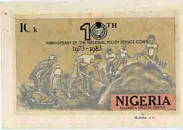 Nigeria 1983 National Youth Service Corps 10th Anniversary - original hand-painted artwork for 10k value (Working on Building Project) by S O Nwasike on board 8.5 x 5 , stamps on , stamps on  stamps on scouts    youth     