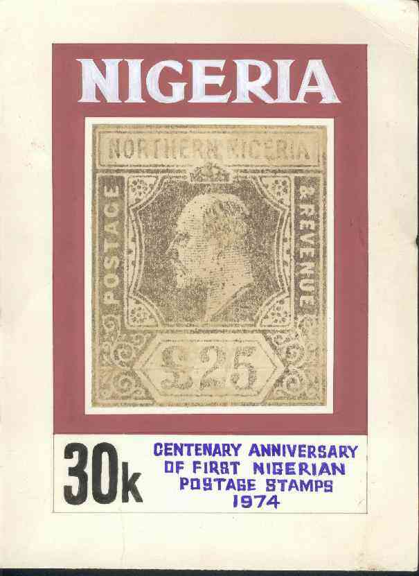 Nigeria 1974 Stamp Centenary - original hand-painted composite artwork for 30k value (showing £25 stamp of Northern Nigeria) by Nojim A Lasisi on board 6 x 9, with note on reverse 'you can use any suitable clours to print this design'., stamps on , stamps on  stamps on stamp on stamp, stamps on postal, stamps on  stamps on stamponstamp