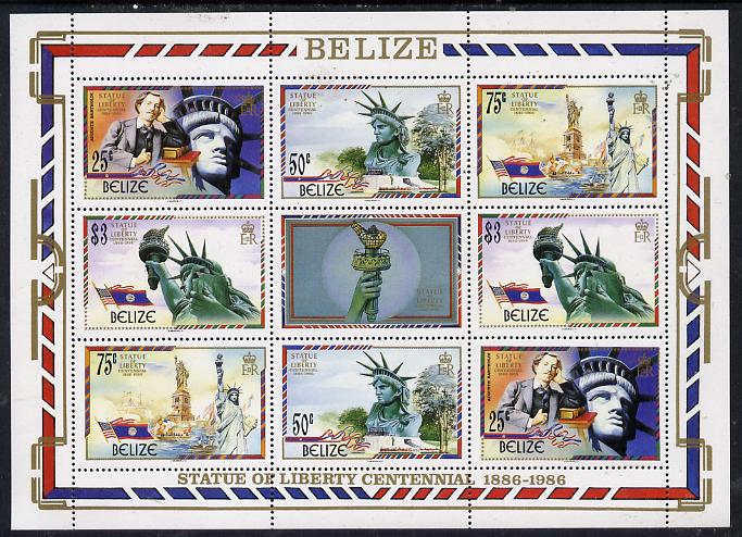 Belize 1986 Centenary of Statue of Liberty perf sheetlet containing 2 sets of 4 plus label unmounted mint SG 924-7, stamps on , stamps on  stamps on statue of liberty, stamps on  stamps on statues, stamps on  stamps on americana