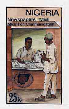 Nigeria 1983 World Communications Year - original hand-painted artwork for 25k value (Newspaper Kiosk) by Mrs A Adeyeye on board 5 x 8.5, endorsed B1, stamps on communications   newspapers