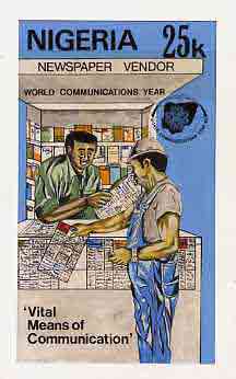Nigeria 1983 World Communications Year - original hand-painted artwork for 25k value (Newspaper Kiosk) by unknown artist on card 5 x 8.5, endorsed B4, stamps on communications   newspapers