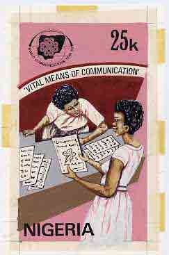 Nigeria 1983 World Communications Year - original hand-painted artwork for 25k value (Newspaper Kiosk) by NSP&MCo Staff Artist Samuel A M Eluare on card 5 x 8.5, endorsed..., stamps on communications   newspapers