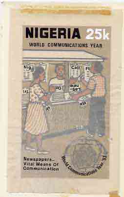 Nigeria 1983 World Communications Year - original hand-painted artwork for 25k value (Newspaper Kiosk) by Godrick N Osuji on card 5 x 8.5, endorsed B8, stamps on communications   newspapers