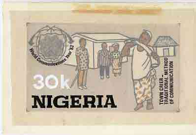 Nigeria 1983 World Communications Year - original hand-painted artwork for 30k value (Town Cryer) by Godrick N Osuji on card 8.5 x 5, endorsed C8, stamps on communications