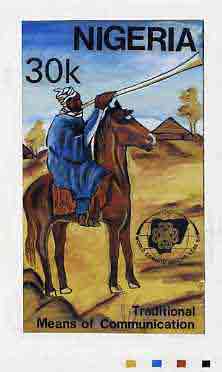 Nigeria 1983 World Communications Year - original hand-painted artwork for 30k value (Town Cryer on Horseback) by Mrs A Adeyeye on board 5 x 8.5, endorsed C1, stamps on communications      horse, stamps on horses
