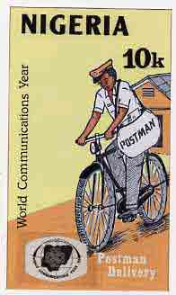 Nigeria 1983 World Communications Year - original hand-painted artwork for 10k value (Postman on Bicycle) by unknown artist on card 5 x 8.5, stamps on communications    postman    bicycles