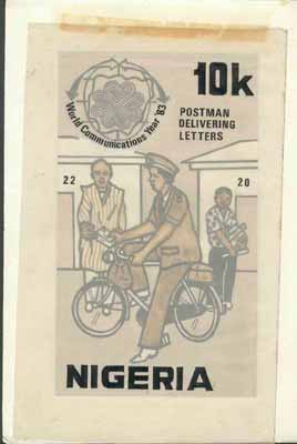 Nigeria 1983 World Communications Year - original hand-painted artwork for 10k value (Postman on Bicycle) by Godrick N Osuji on card 5 x 8.5 endorsed A6, stamps on communications    postman    bicycles