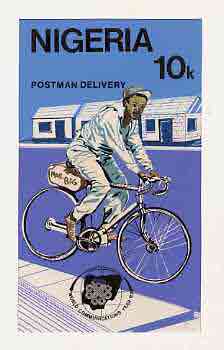 Nigeria 1983 World Communications Year - original hand-painted artwork for 10k value (Postman on Bicycle) by unknown artist on card 5 x 8.5 endorsed A2, stamps on communications    postman    bicycles