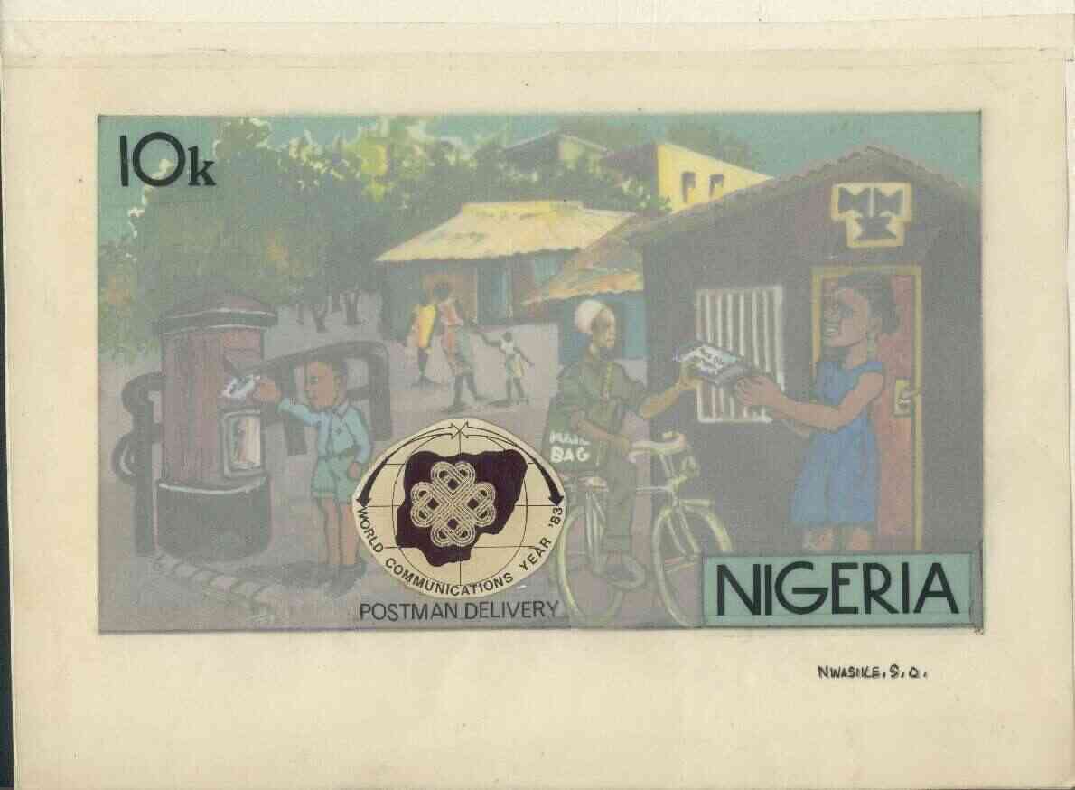 Nigeria 1983 World Communications Year - original hand-painted artwork for 10k value (Postman on Bicycle with Pillar Box) by S O Nwasike on board 8.5 x 5 , stamps on , stamps on  stamps on communications    postman    bicycles     postbox